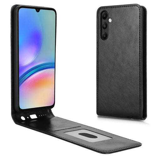 For Samsung Galaxy M14 4G / A05s 4G Case with Card Slot Magnetic Vertical Flip Leather Phone Cover - Black - 1