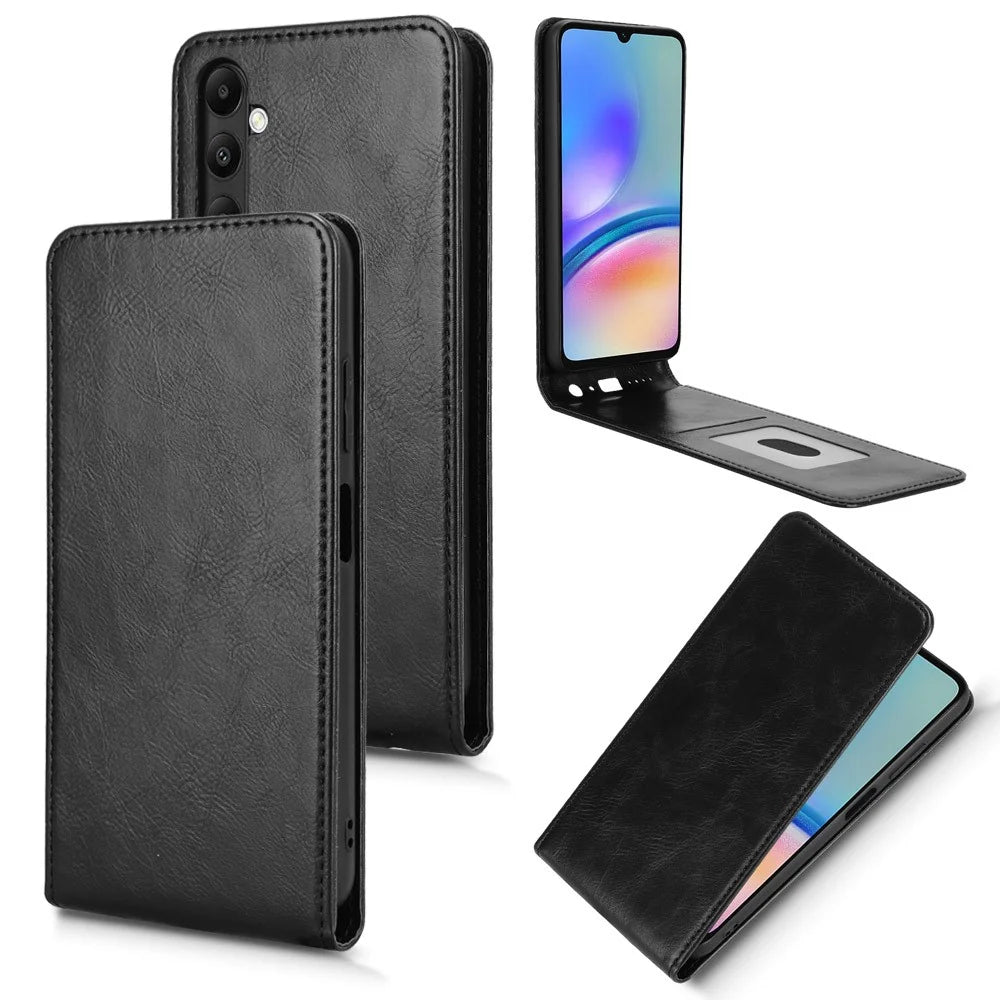 For Samsung Galaxy M14 4G / A05s 4G Case with Card Slot Magnetic Vertical Flip Leather Phone Cover - Black - 4