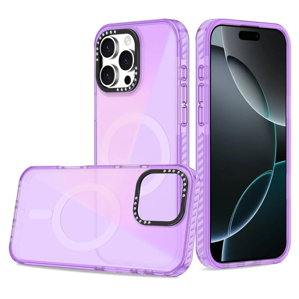 For iPhone 16 Pro Max Magnetic Case IMD TPU + PC Phone Back Cover with Metal Lens Frame - Purple - 1