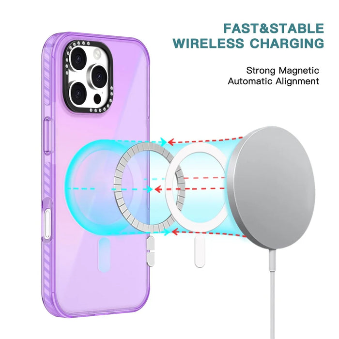 For iPhone 16 Pro Max Magnetic Case IMD TPU + PC Phone Back Cover with Metal Lens Frame - Purple - 5