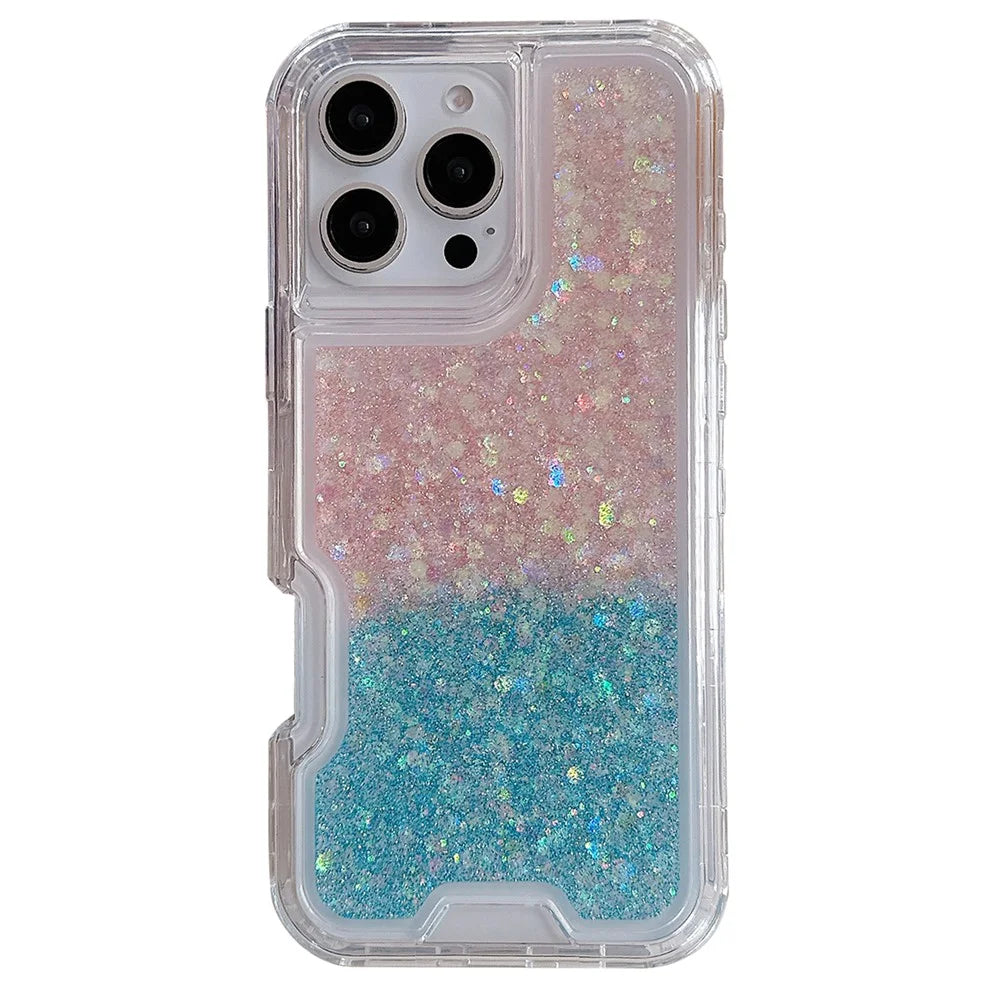 For iPhone 16 Pro Max Case Glitter Epoxy TPU PC Phone Back Cover Detachable 2 in 1 - Pink / Blue - 1