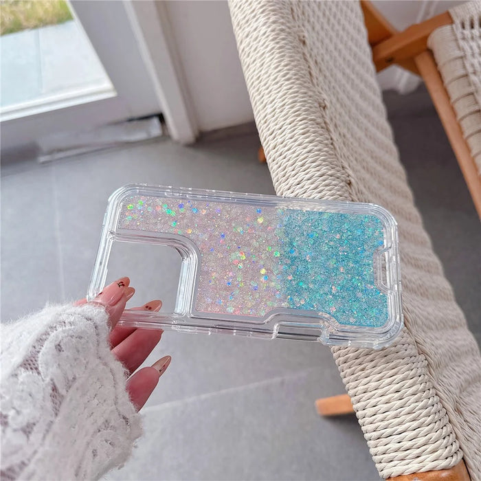 For iPhone 16 Pro Max Case Glitter Epoxy TPU PC Phone Back Cover Detachable 2 in 1 - Pink / Blue - 3