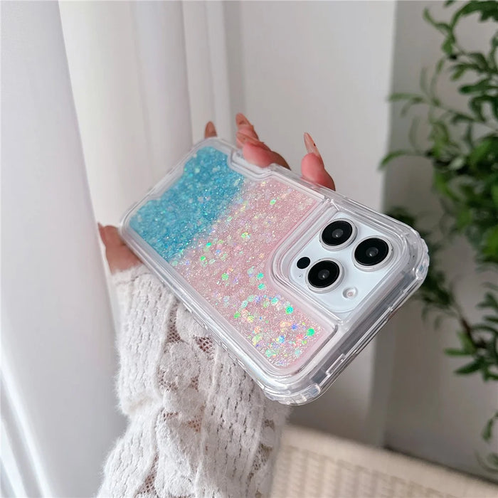 For iPhone 16 Pro Max Case Glitter Epoxy TPU PC Phone Back Cover Detachable 2 in 1 - Pink / Blue - 6