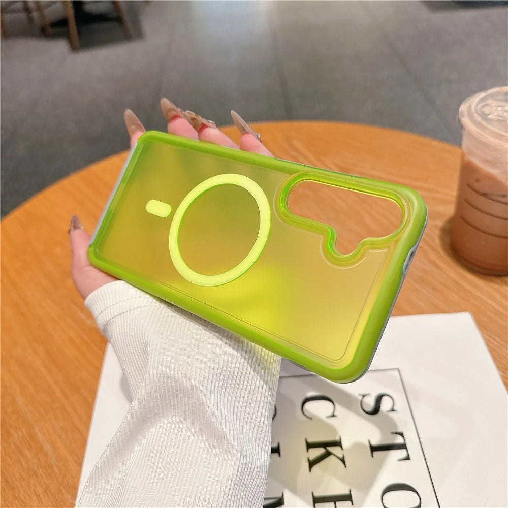For Samsung Galaxy S24 Magnetic Case Skin Touch TPU + PC Phone Back Cover - Fluorescent Green - 2