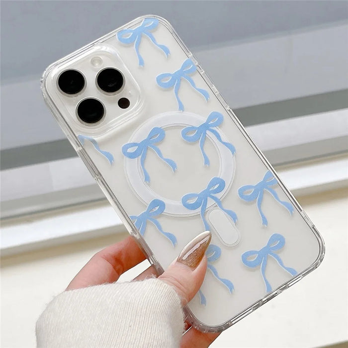For iPhone 16 Pro Max Case Compatible with MagSafe Bowknot Pattern PC + TPU Phone Back Cover - Blue - 3