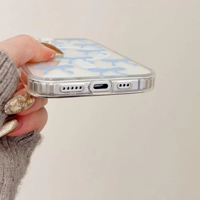 For iPhone 16 Pro Max Case Compatible with MagSafe Bowknot Pattern PC + TPU Phone Back Cover - Blue - 4