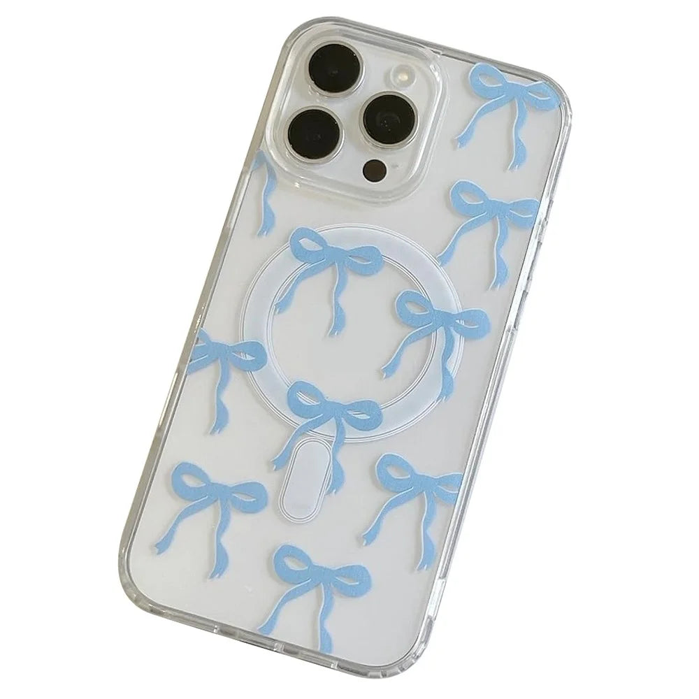 For iPhone 16 Pro Case Compatible with MagSafe Bowknot Pattern PC + TPU Phone Back Cover - Blue - 1