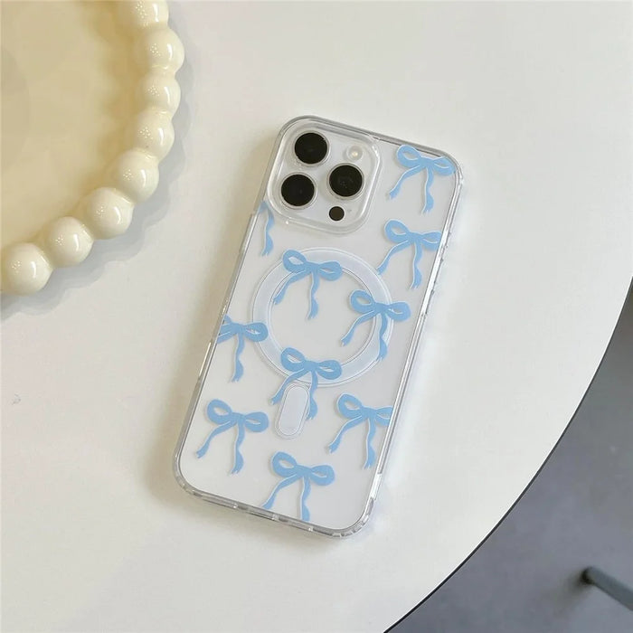For iPhone 16 Pro Case Compatible with MagSafe Bowknot Pattern PC + TPU Phone Back Cover - Blue - 2