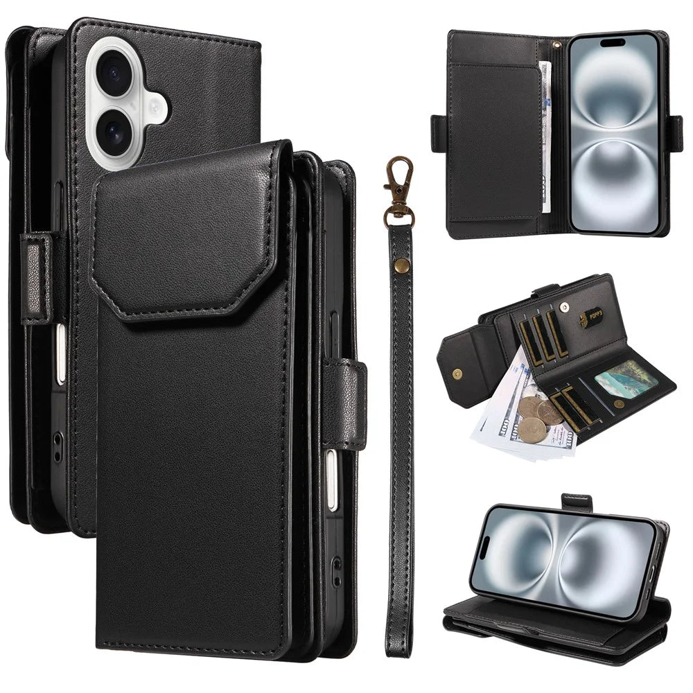 For iPhone 16 Case with Multi-Card Holder and Strap PU Leather Phone Cover Stand - Black - 1