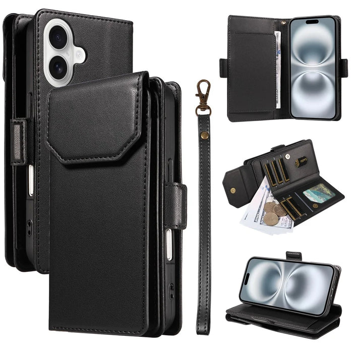 For iPhone 16 Case with Multi-Card Holder and Strap PU Leather Phone Cover Stand - Black - 1