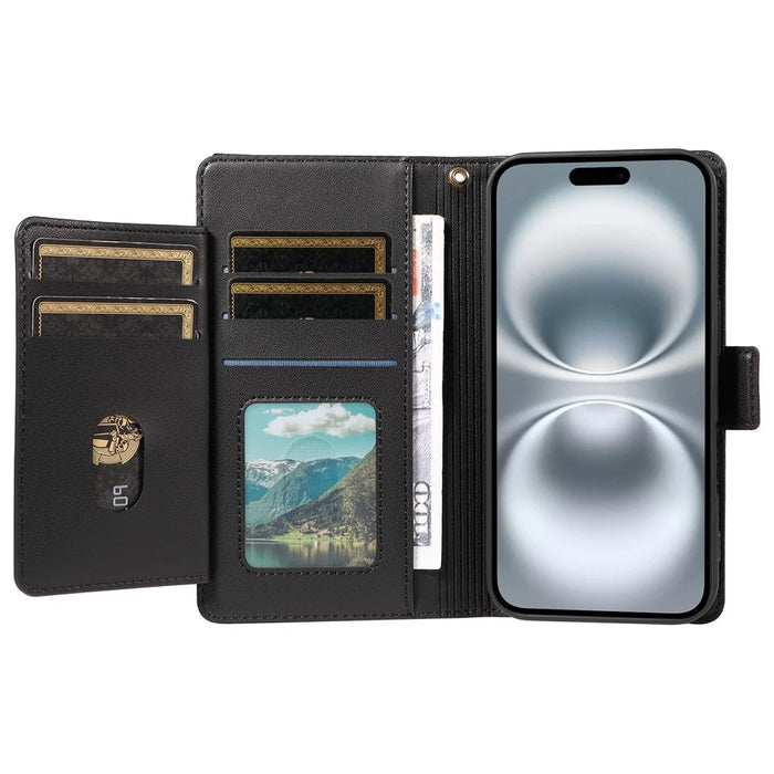For iPhone 16 Case with Multi-Card Holder and Strap PU Leather Phone Cover Stand - Black - 2