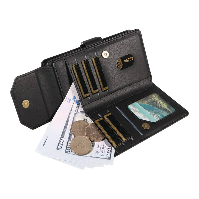 For iPhone 16 Case with Multi-Card Holder and Strap PU Leather Phone Cover Stand - Black - 3