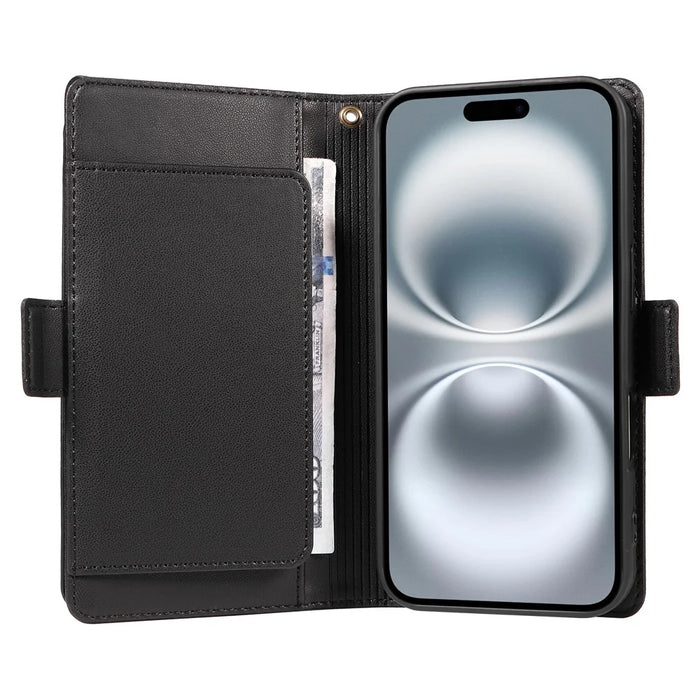 For iPhone 16 Case with Multi-Card Holder and Strap PU Leather Phone Cover Stand - Black - 6