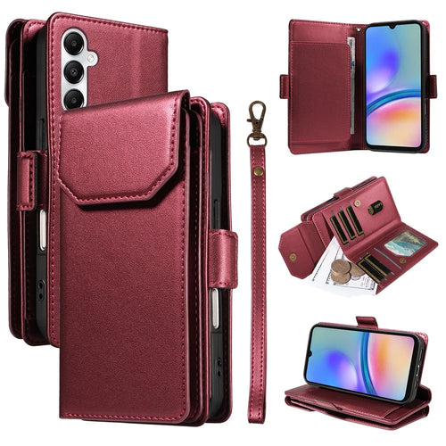 For Samsung Galaxy A05s 4G Case with Multi-Card Holder and Strap PU Leather Phone Cover Stand - Wine Red - 1