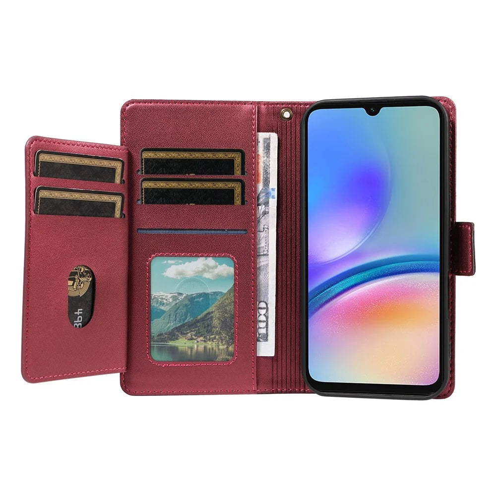 For Samsung Galaxy A05s 4G Case with Multi-Card Holder and Strap PU Leather Phone Cover Stand - Wine Red - 2