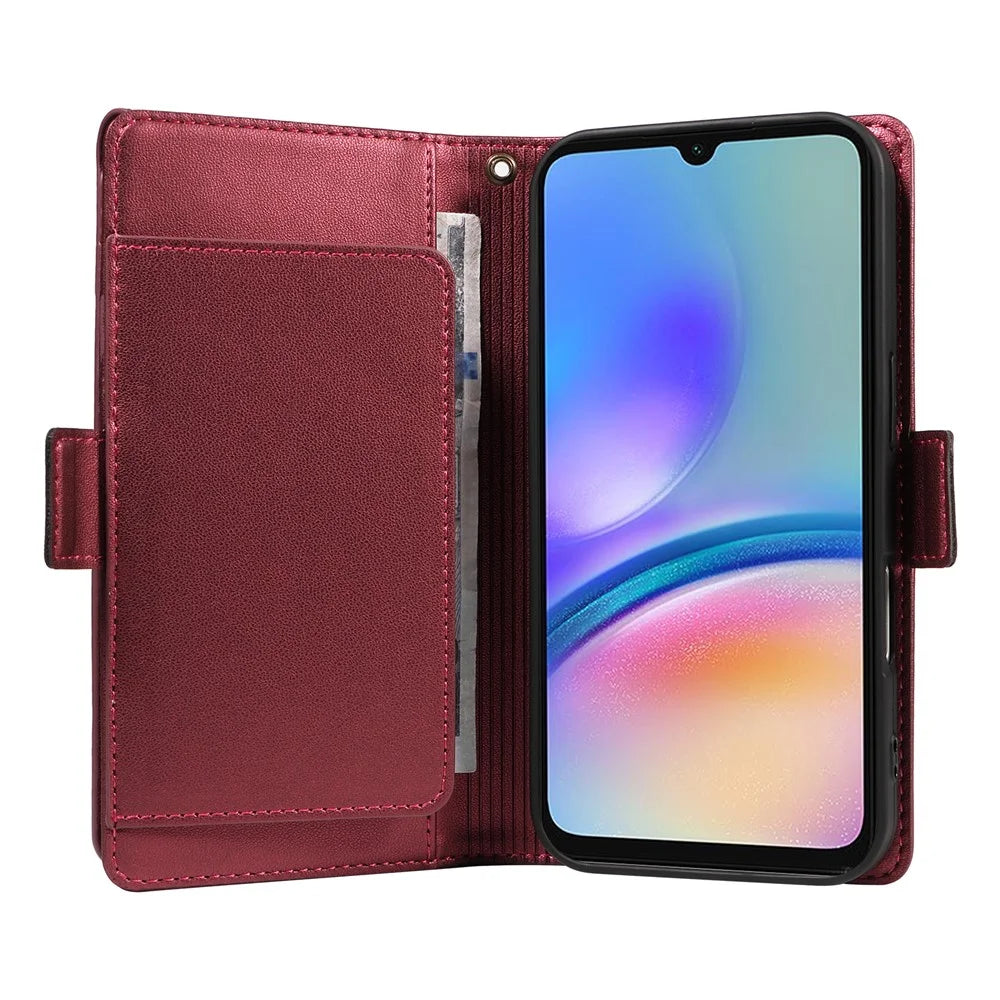 For Samsung Galaxy A05s 4G Case with Multi-Card Holder and Strap PU Leather Phone Cover Stand - Wine Red - 3
