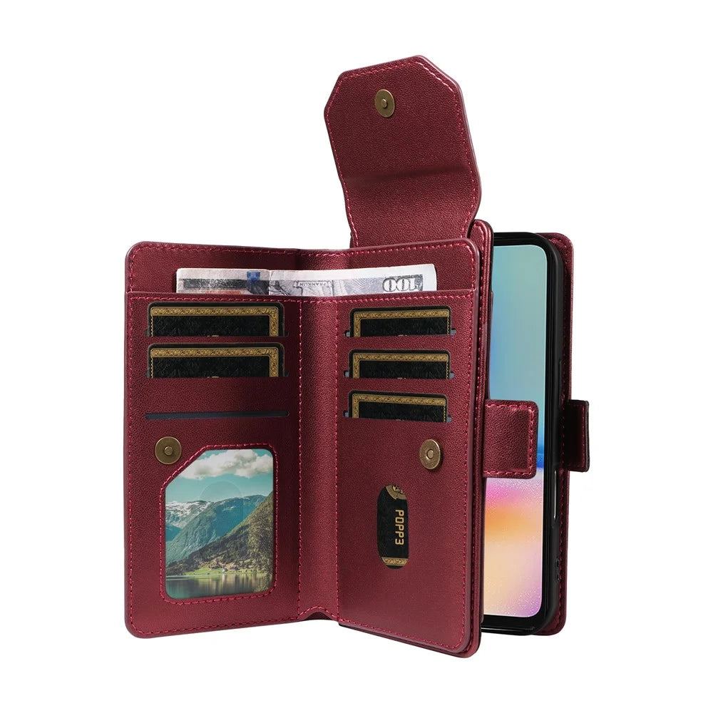 For Samsung Galaxy A05s 4G Case with Multi-Card Holder and Strap PU Leather Phone Cover Stand - Wine Red - 4