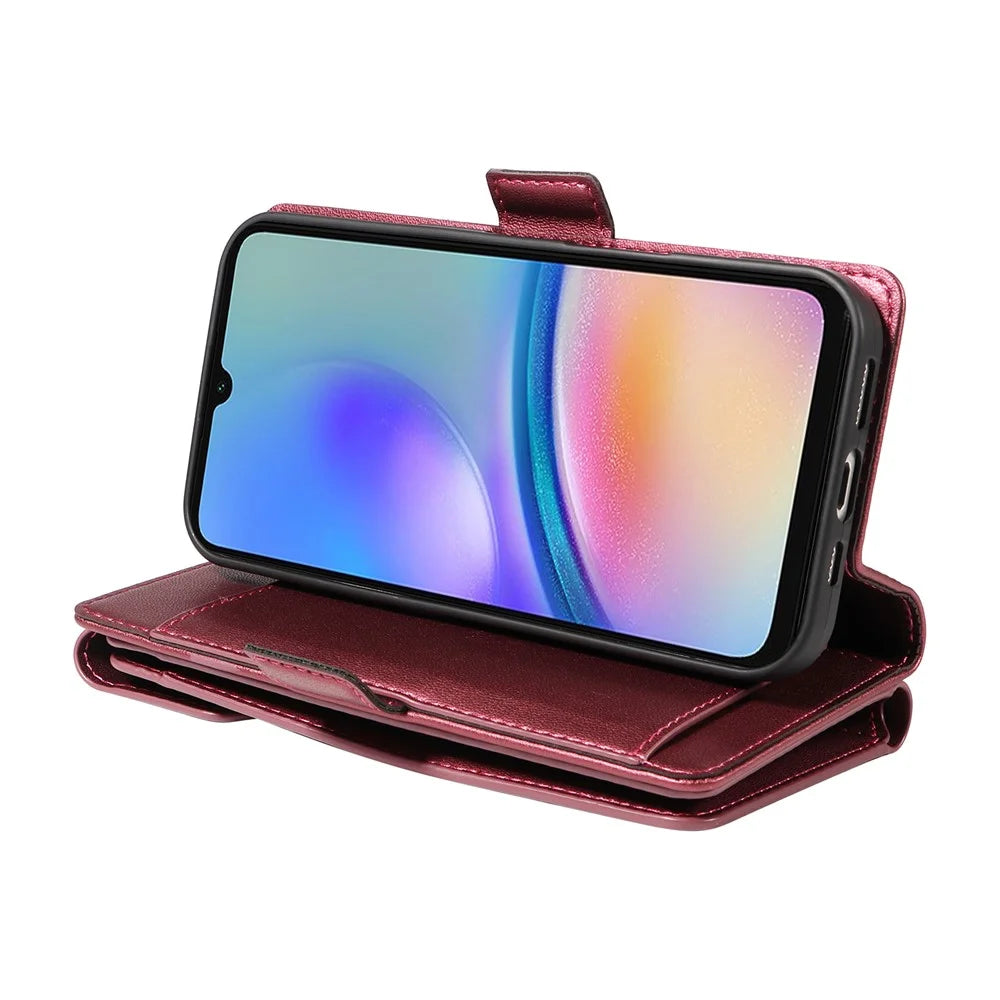 For Samsung Galaxy A05s 4G Case with Multi-Card Holder and Strap PU Leather Phone Cover Stand - Wine Red - 5
