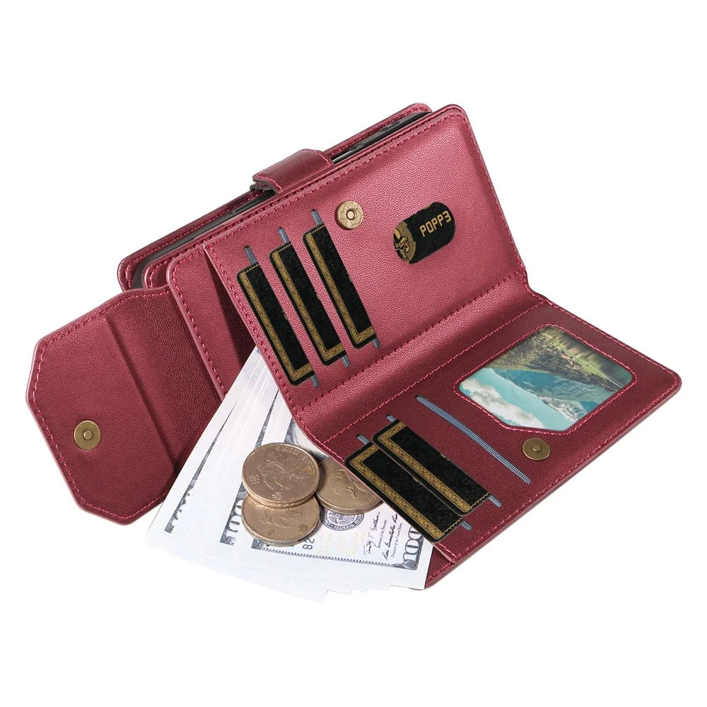 For Samsung Galaxy A05s 4G Case with Multi-Card Holder and Strap PU Leather Phone Cover Stand - Wine Red - 6