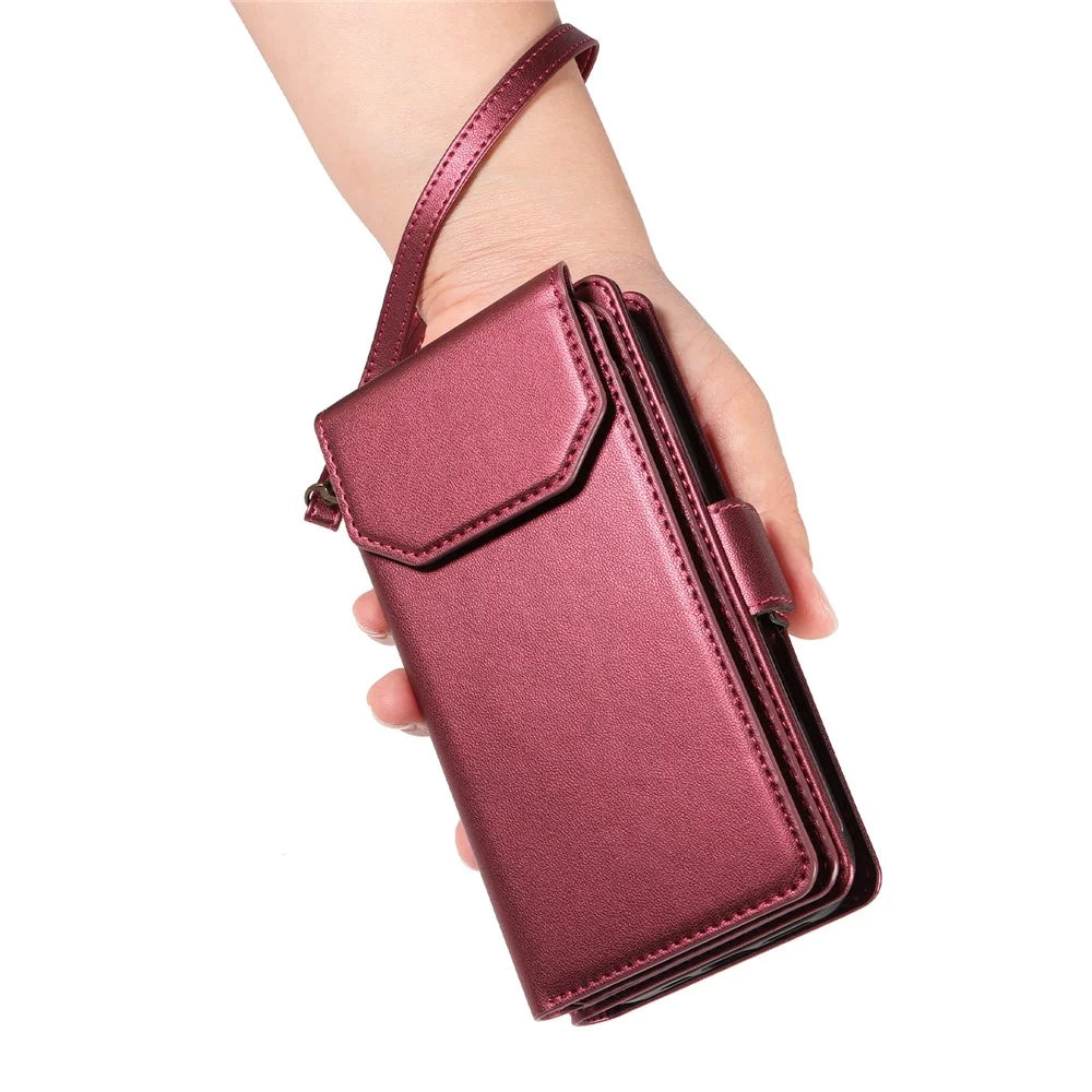 For Samsung Galaxy A05s 4G Case with Multi-Card Holder and Strap PU Leather Phone Cover Stand - Wine Red - 7