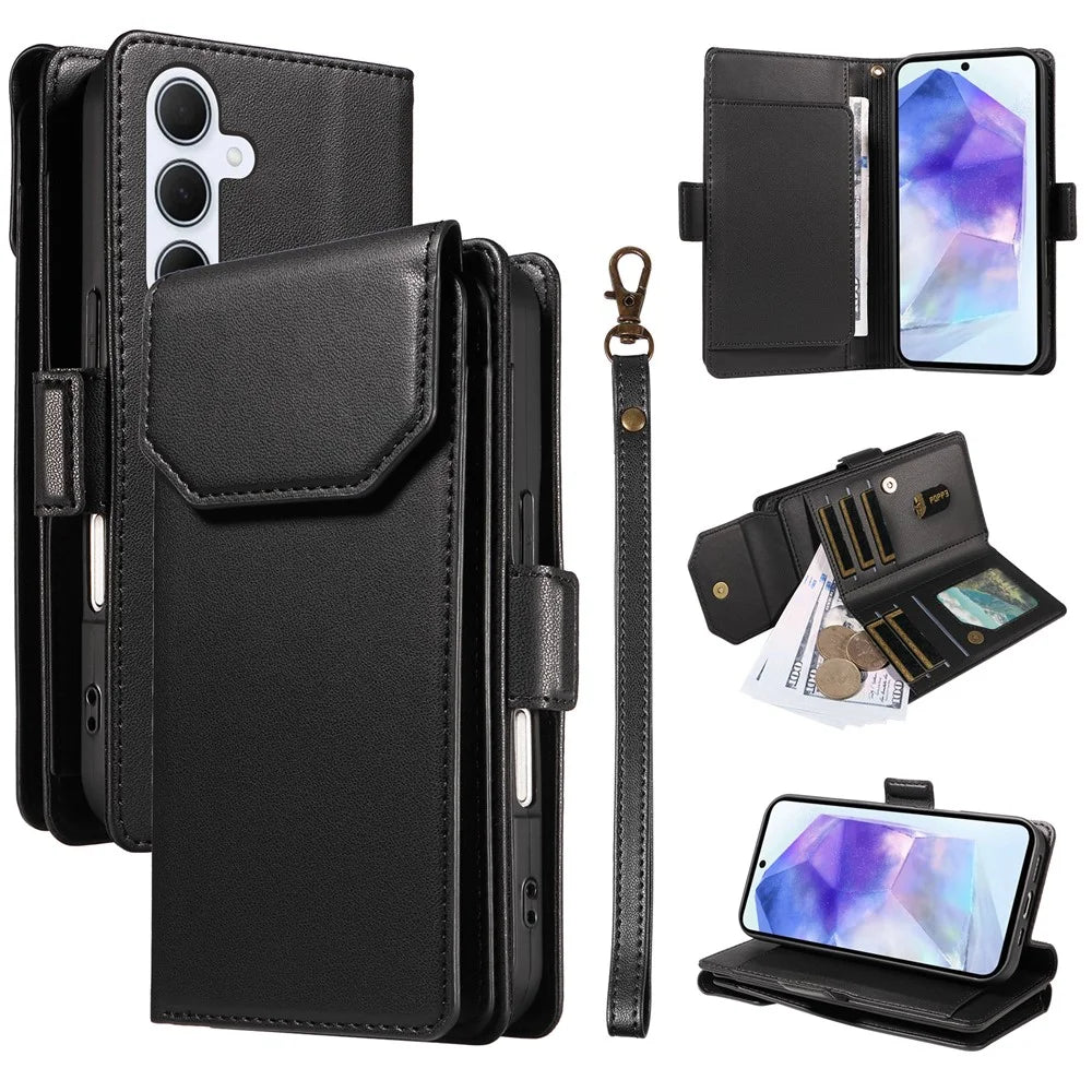 For Samsung Galaxy A55 5G Case with Multi-Card Holder and Strap PU Leather Phone Cover Stand - Black - 1