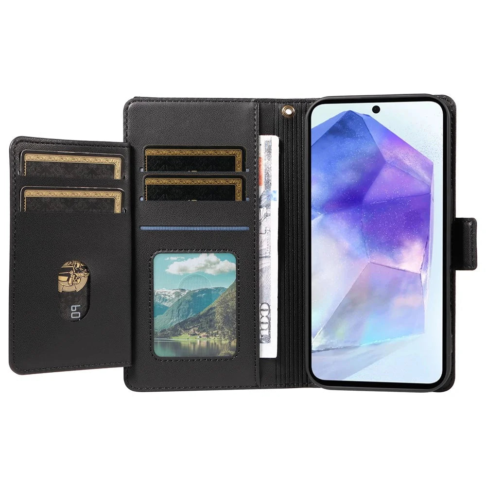 For Samsung Galaxy A55 5G Case with Multi-Card Holder and Strap PU Leather Phone Cover Stand - Black - 2