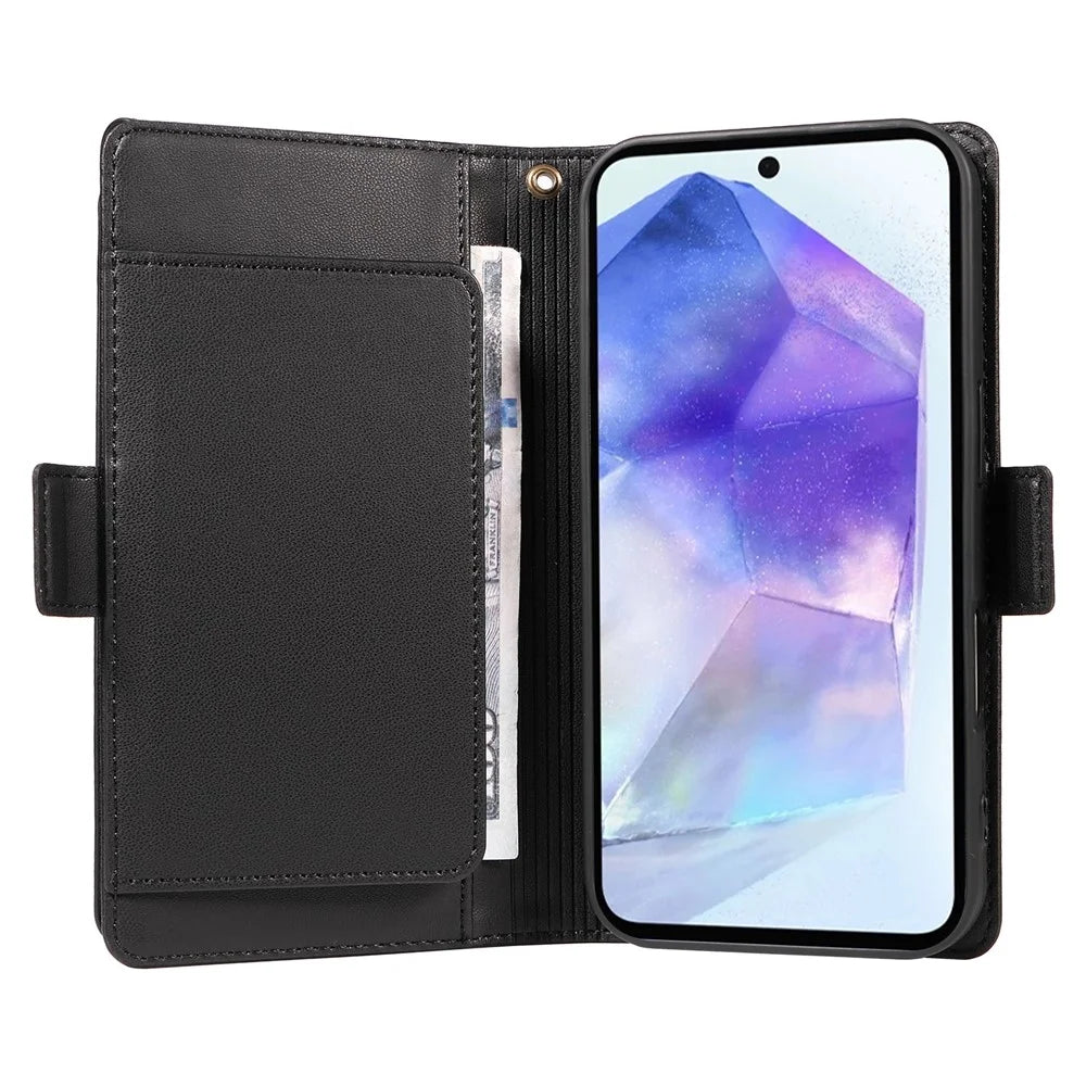 For Samsung Galaxy A55 5G Case with Multi-Card Holder and Strap PU Leather Phone Cover Stand - Black - 3