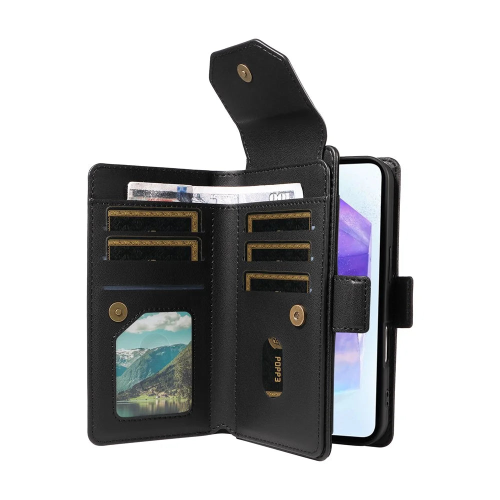 For Samsung Galaxy A55 5G Case with Multi-Card Holder and Strap PU Leather Phone Cover Stand - Black - 4