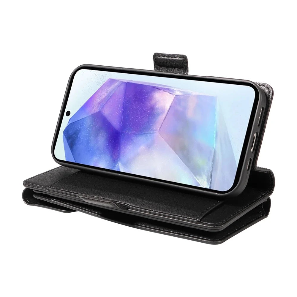 For Samsung Galaxy A55 5G Case with Multi-Card Holder and Strap PU Leather Phone Cover Stand - Black - 5