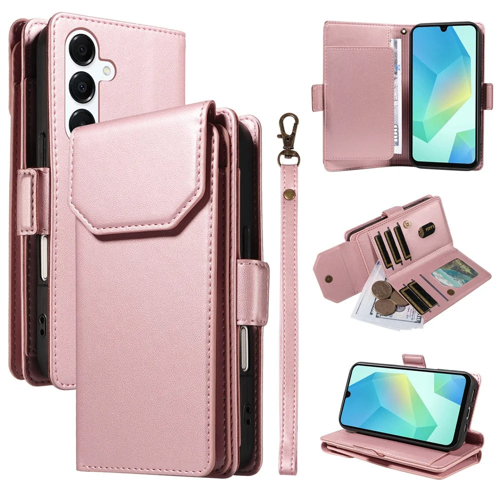 For Samsung Galaxy A26 5G / A16 5G / A16 4G Case with Multi-Card Holder and Strap PU Leather Phone Cover Stand - Rose Gold - 1