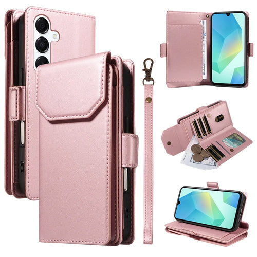 For Samsung Galaxy A26 5G / A16 5G / A16 4G Case with Multi-Card Holder and Strap PU Leather Phone Cover Stand - Rose Gold - 1