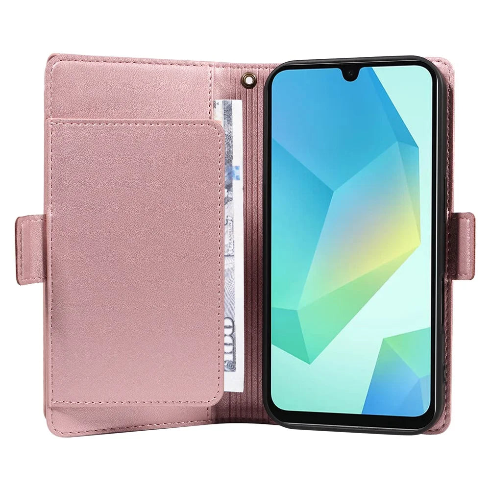 For Samsung Galaxy A26 5G / A16 5G / A16 4G Case with Multi-Card Holder and Strap PU Leather Phone Cover Stand - Rose Gold - 3