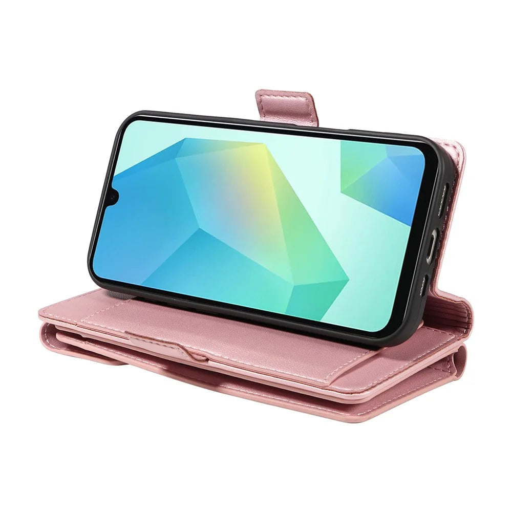 For Samsung Galaxy A26 5G / A16 5G / A16 4G Case with Multi-Card Holder and Strap PU Leather Phone Cover Stand - Rose Gold - 5