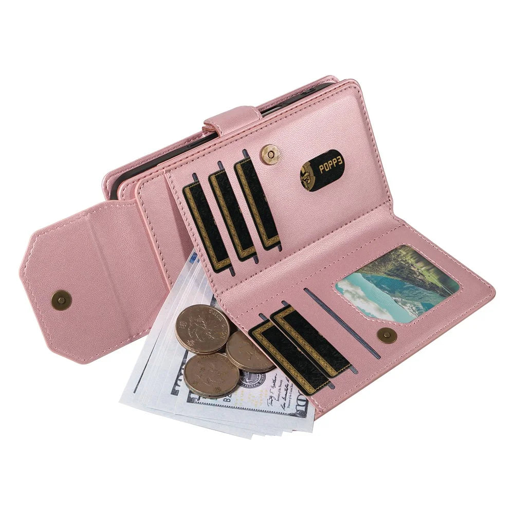 For Samsung Galaxy A26 5G / A16 5G / A16 4G Case with Multi-Card Holder and Strap PU Leather Phone Cover Stand - Rose Gold - 6