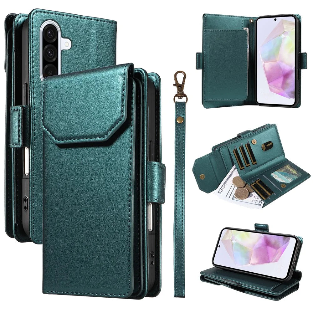 For Samsung Galaxy A36 5G Case with Multi-Card Holder and Strap PU Leather Phone Cover Stand - Green - 1