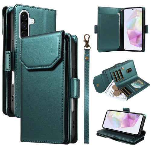 For Samsung Galaxy A36 5G Case with Multi-Card Holder and Strap PU Leather Phone Cover Stand - Green - 1
