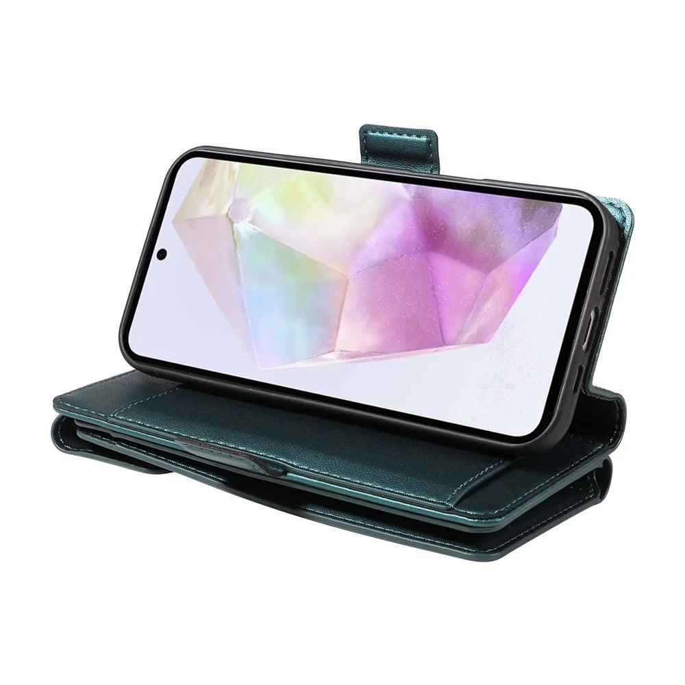 For Samsung Galaxy A36 5G Case with Multi-Card Holder and Strap PU Leather Phone Cover Stand - Green - 5