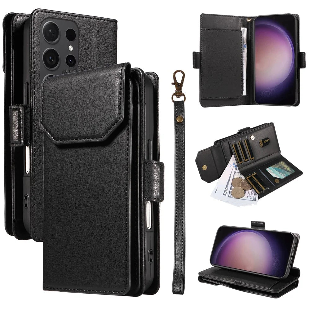 For Samsung Galaxy S24 Ultra Case with Multi-Card Holder and Strap PU Leather Phone Cover Stand - Black - 1