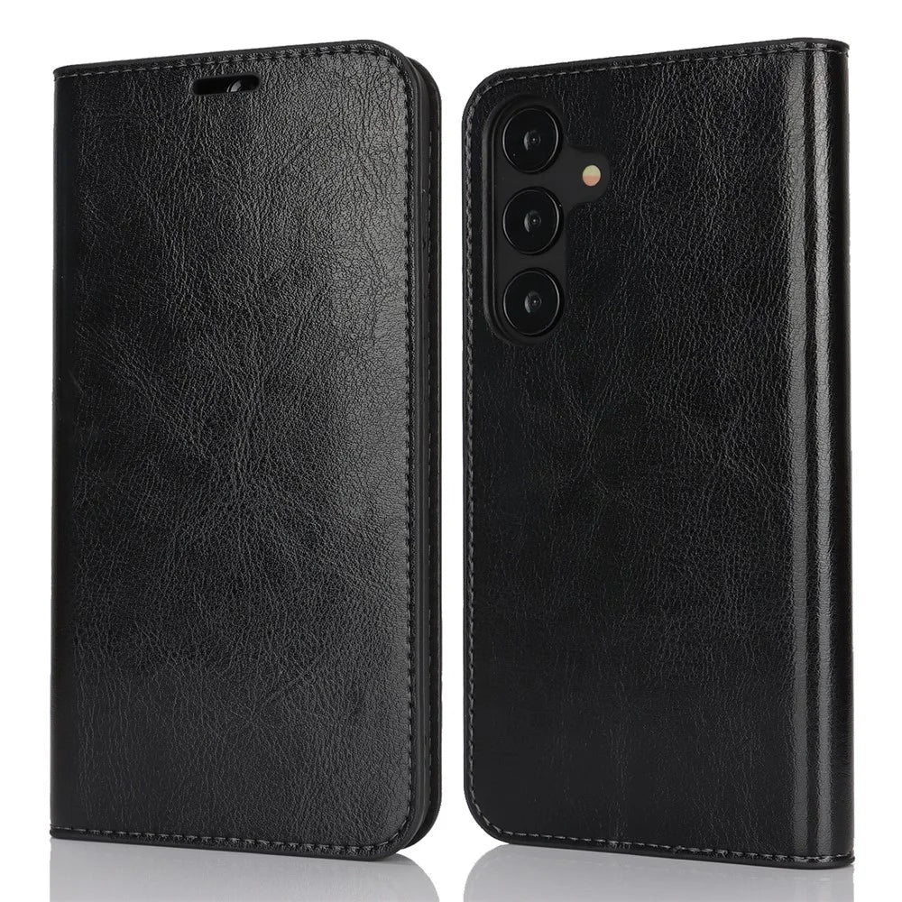 For Samsung Galaxy S25 Case Crazy Horse Texture Split Leather Wallet Phone Cover - Black - 1