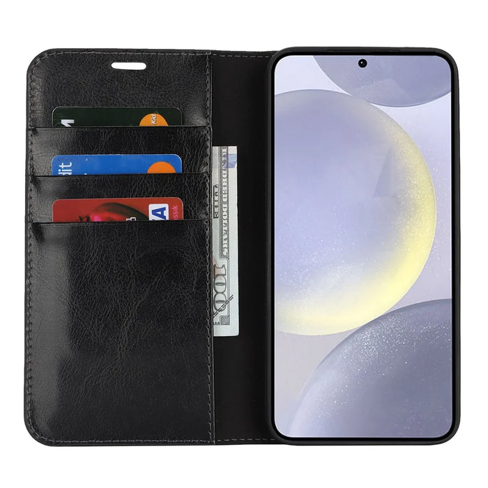 For Samsung Galaxy S25+ Case Crazy Horse Texture Split Leather Wallet Phone Cover - Black - 2