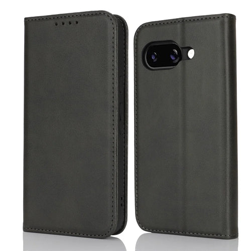 For Google Pixel 9a Case PU Leather Calf Textured Magnetic Closing Smart Phone Cover - Black - 1
