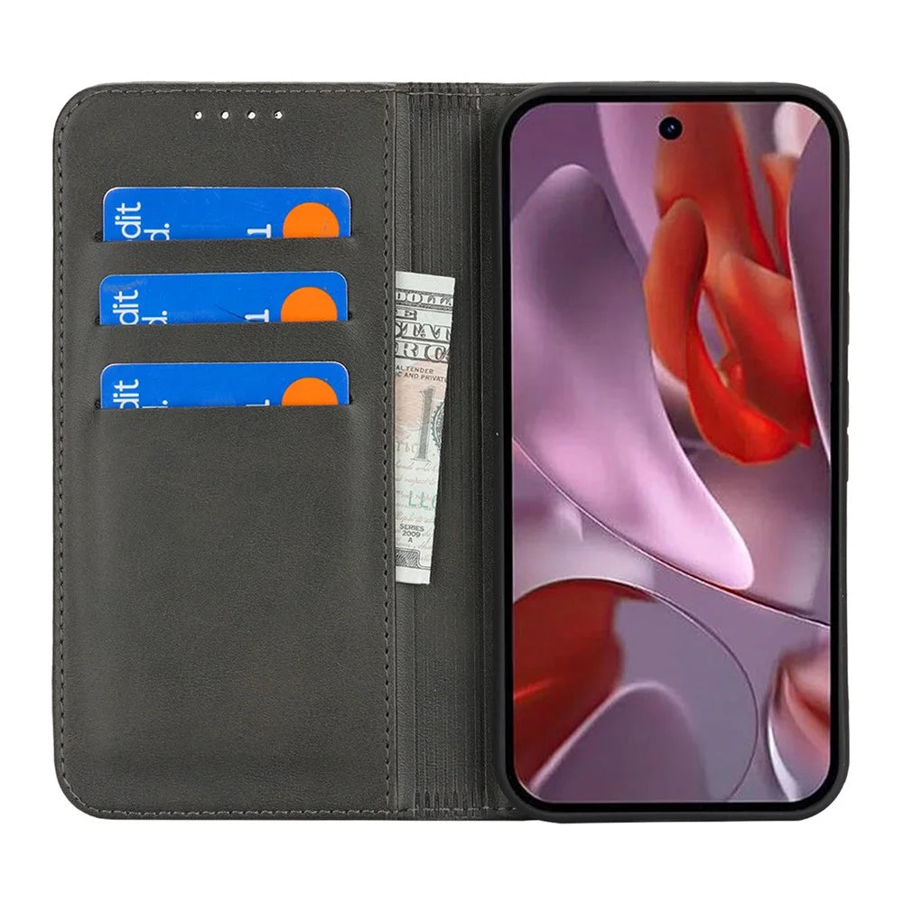 For Google Pixel 9a Case PU Leather Calf Textured Magnetic Closing Smart Phone Cover - Black - 2