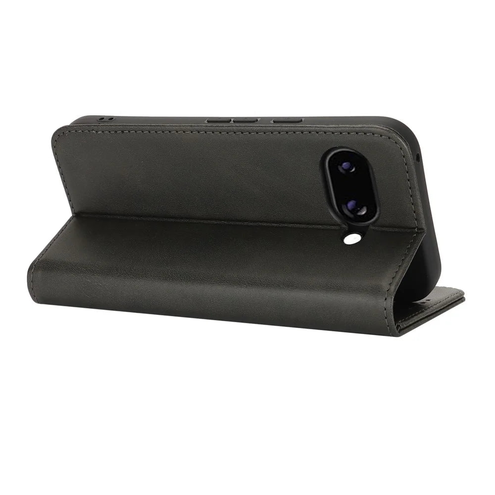 For Google Pixel 9a Case PU Leather Calf Textured Magnetic Closing Smart Phone Cover - Black - 4
