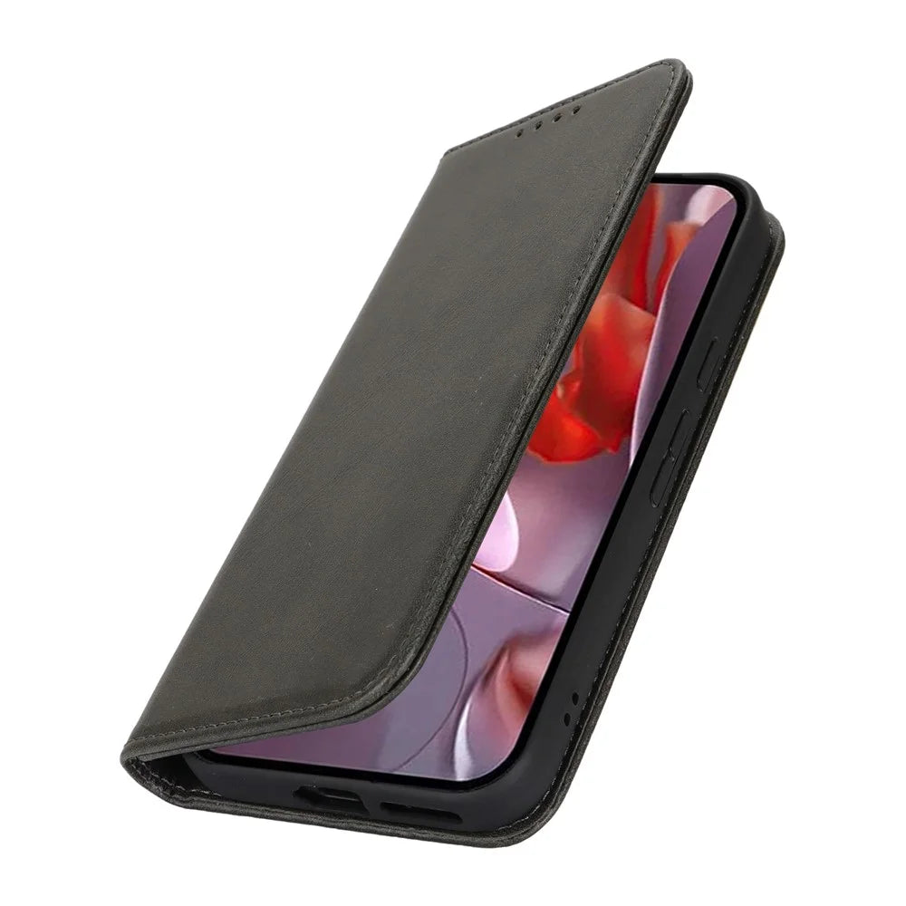 For Google Pixel 9a Case PU Leather Calf Textured Magnetic Closing Smart Phone Cover - Black - 6