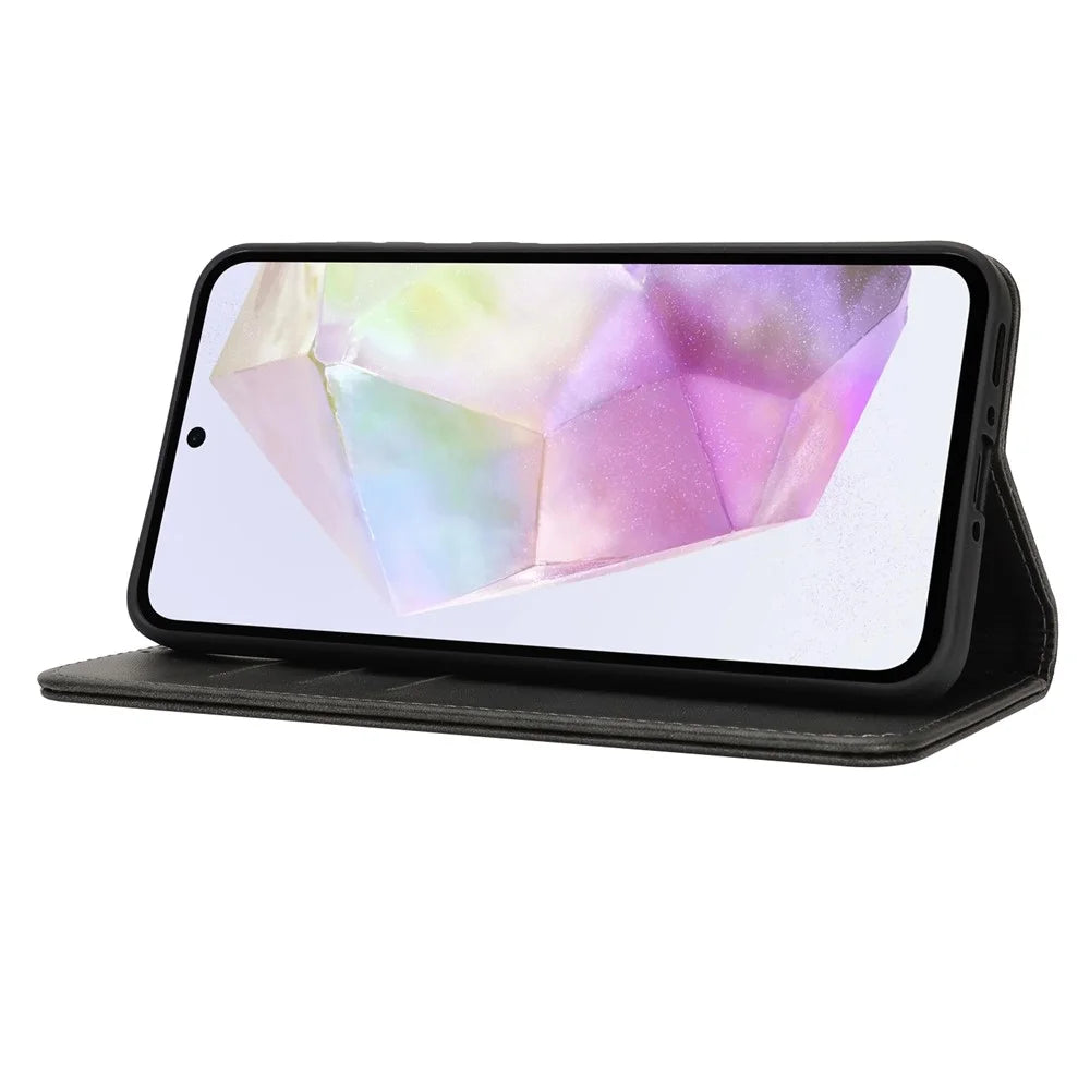For Samsung Galaxy A56 5G  /  A36 5G Case PU Leather Calf Textured Magnetic Closing Smart Phone Cover - Black - 3