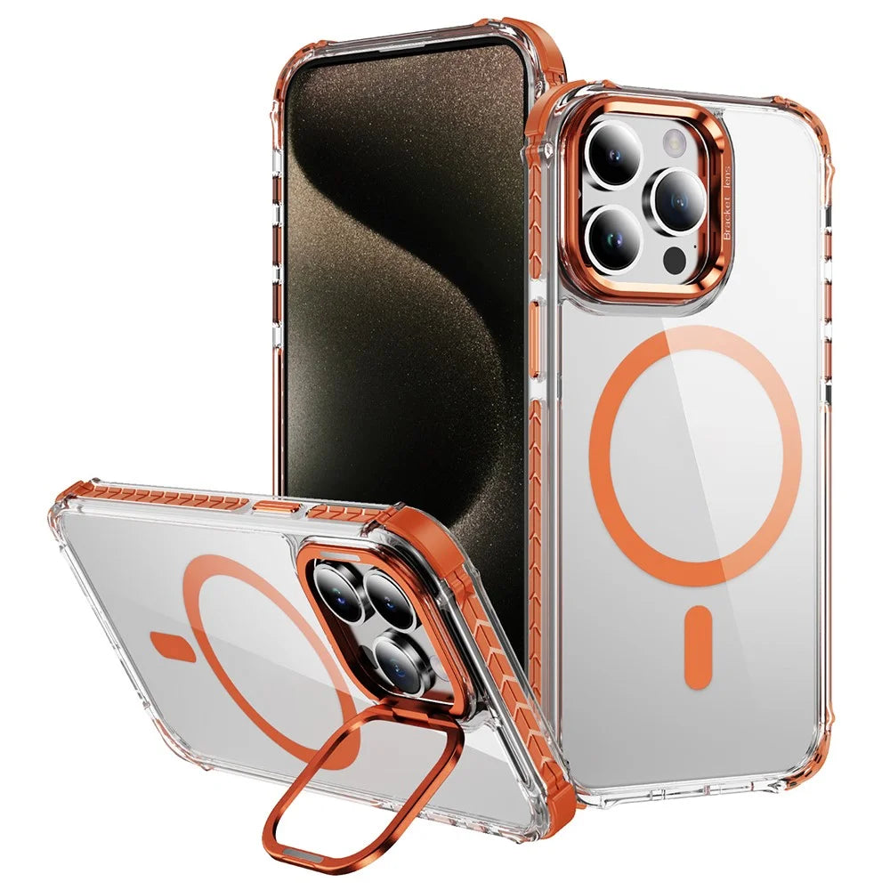 For iPhone 12 / 12 Pro Clear Phone Case with Lens Kickstand Cover Compatible with MagSafe - Orange - 1
