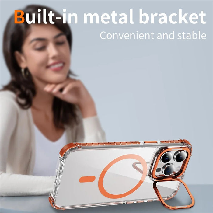 For iPhone 12 / 12 Pro Clear Phone Case with Lens Kickstand Cover Compatible with MagSafe - Orange - 2