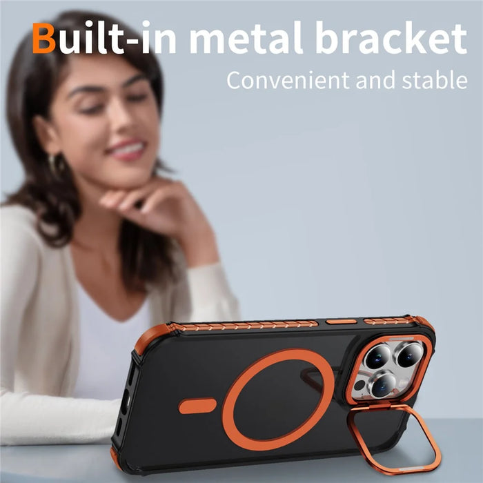 For iPhone 13 Pro Max Case with Lens Kickstand Matte Phone Back Cover Compatible with MagSafe - Orange - 2