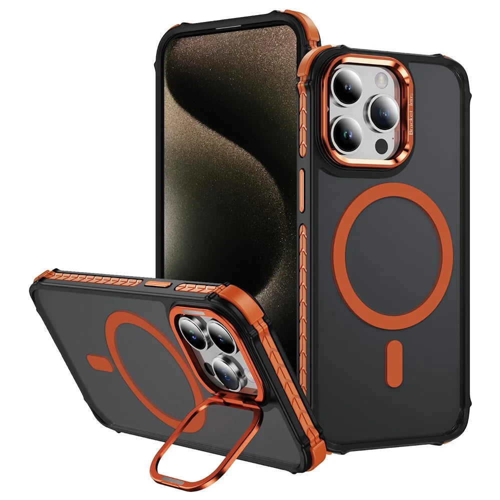 For iPhone 13 Pro Case with Lens Kickstand Matte Phone Back Cover Compatible with MagSafe - Orange - 1