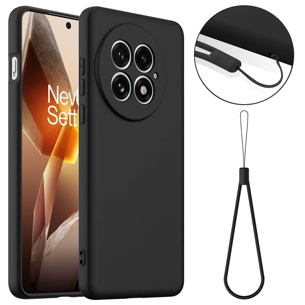 For OnePlus 13 Liquid Silicone Case with Strap Magnetic Case Phone Cover - Black - 1
